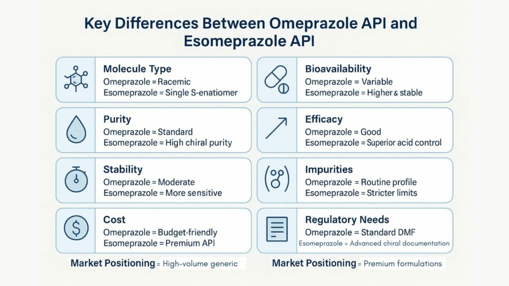 Key Differences Between Omeprazole API and Esomeprazole API infographic